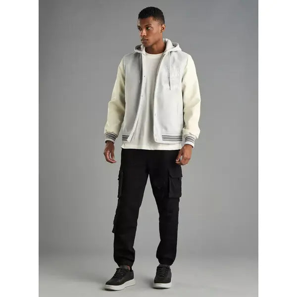 Typographic Detail Hooded Felt Bomber Jacket - Gray