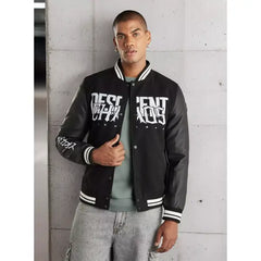 Graphic Print Felt Bomber Jacket - Black