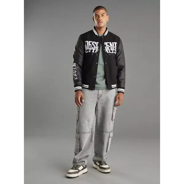 Graphic Print Felt Bomber Jacket - Black