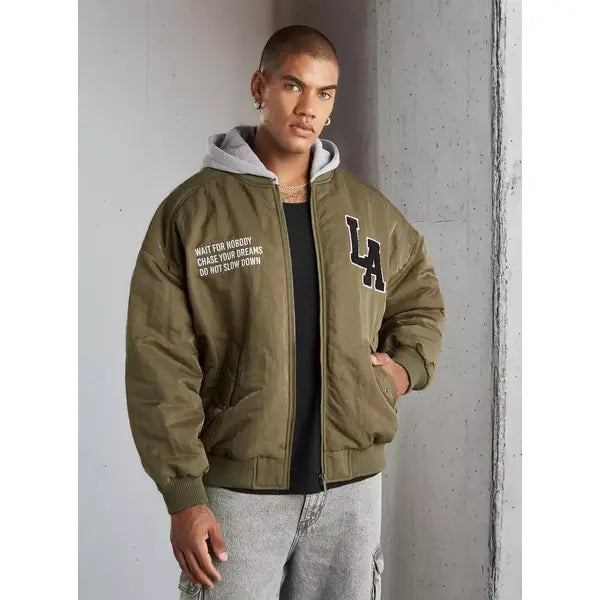 Embroidered Oversized Bomber Jacket with Detachable Hood - Green