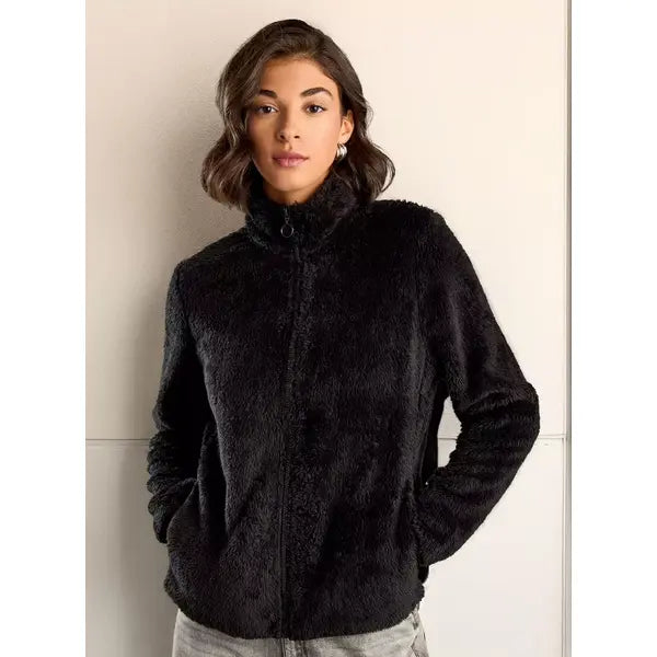 MAX FASHION Textured High Neck Zip Through Jacket with Pockets-Black
