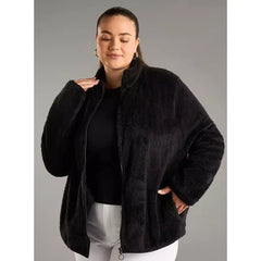 MAX FASHION Textured High Neck Zip Through Jacket with Pockets-Black