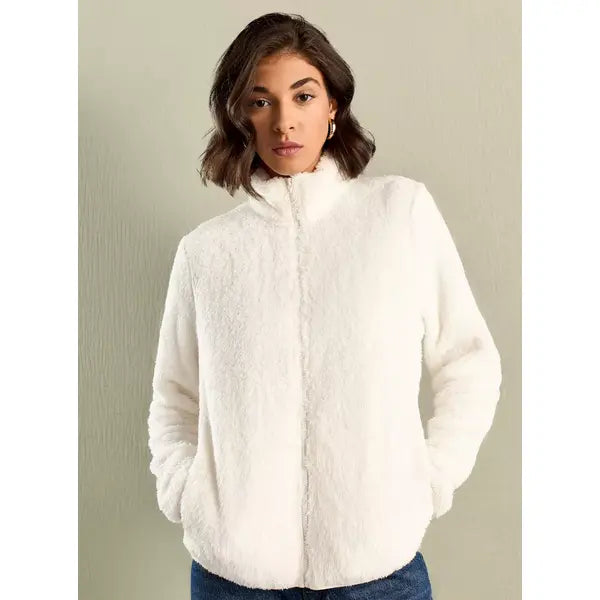 MAX FASHION Textured High Neck Zip Through Jacket with Pockets-White