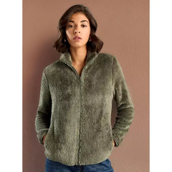 MAX FASHION Textured High Neck Zip Through Jacket with Pockets-Green