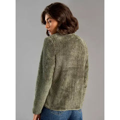 MAX FASHION Textured High Neck Zip Through Jacket with Pockets-Green