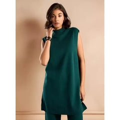 Textured Longline Sleeveless Sweater with High Neck Green