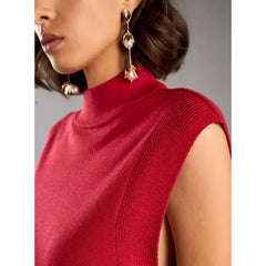 Textured Longline Sleeveless Sweater with High Neck Red