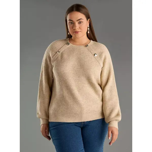 Textured Raglan Sleeves Sweater Brown