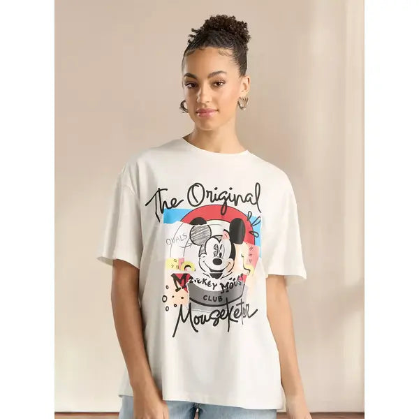 MAX FASHION Mickey Mouse Print T-shirt with Short Sleeves-WHite
