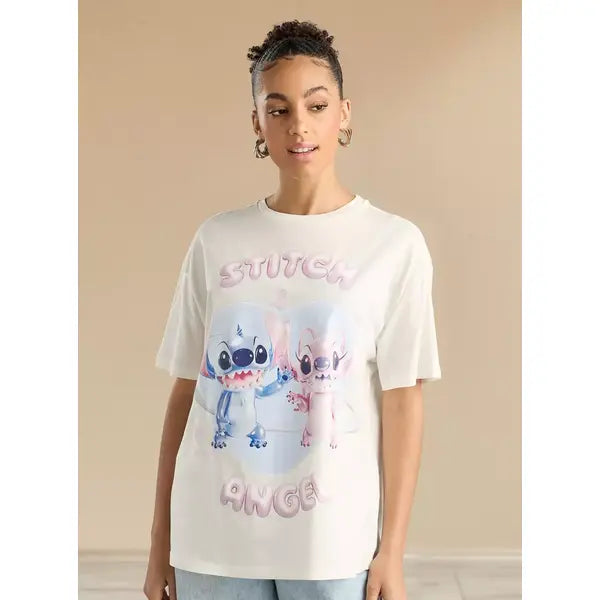 MAX FASHION Stitch and Angel Print T-shirt with Short Sleeves-White