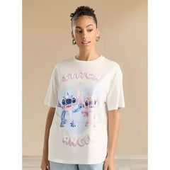 MAX FASHION Stitch and Angel Print T-shirt with Short Sleeves-White