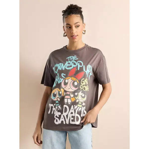 MAX FASHION Power puff Girls Print T-shirt with Short Sleeves-Brown