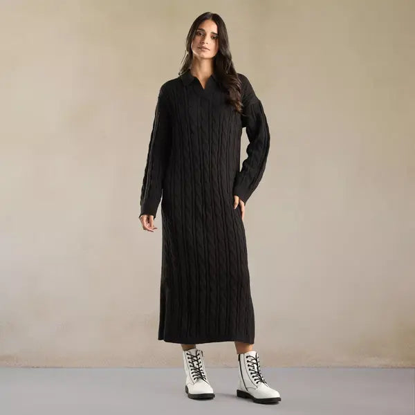 Textured Polo Sweater Dress Black