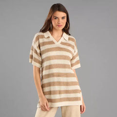 Striped Collared Sweater brown