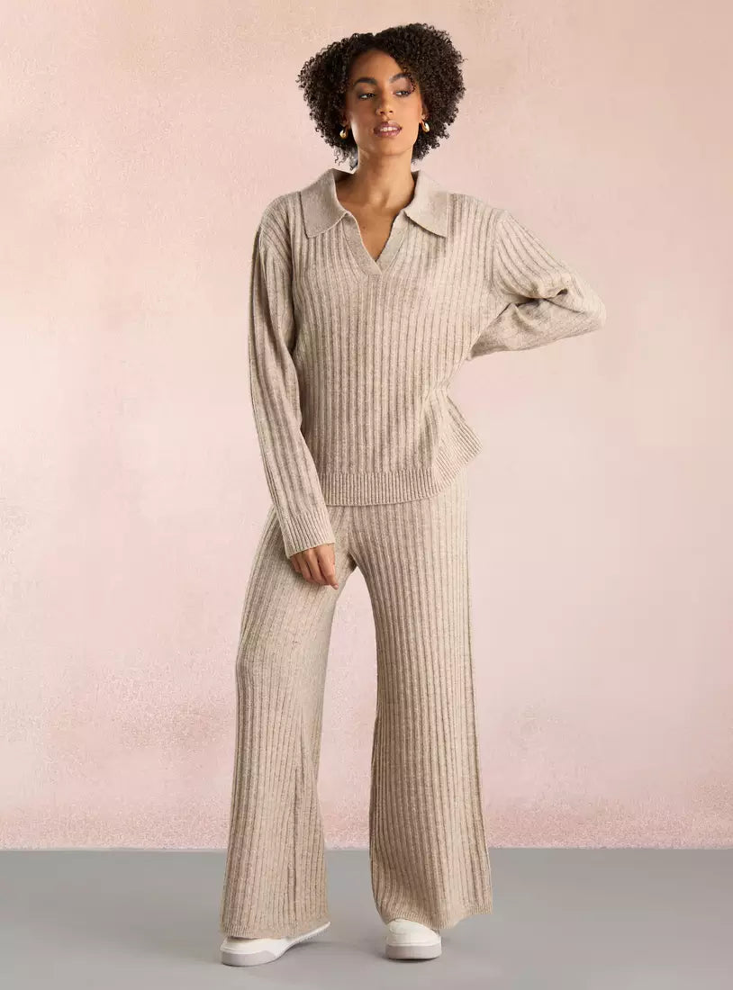 Textured Collared Jumper with Long Sleeves Brown