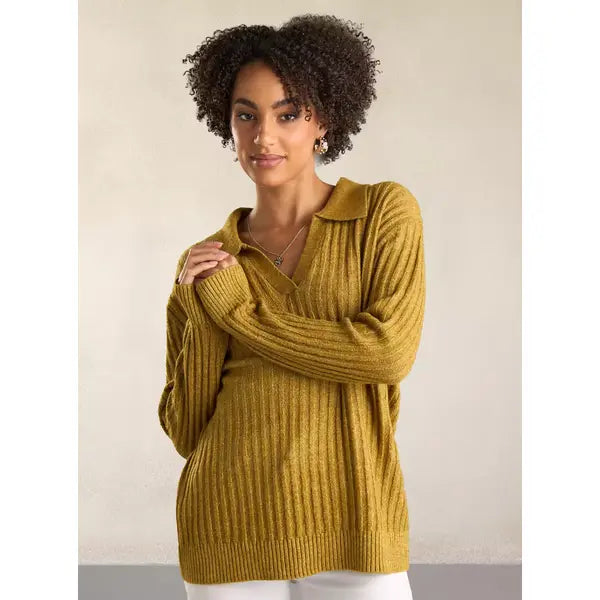 Textured Collared Jumper with Long Sleeves Yellow
