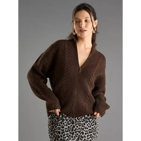 Textured High Neck Cardigan with Zip Closure Brown