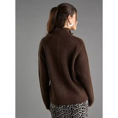 Textured High Neck Cardigan with Zip Closure Brown