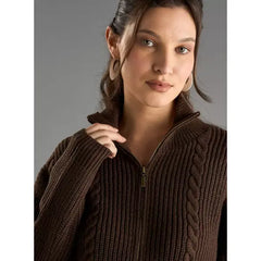 Textured High Neck Cardigan with Zip Closure Brown