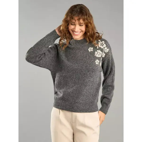 Floral Embroidered Jacquard Sweater Gray