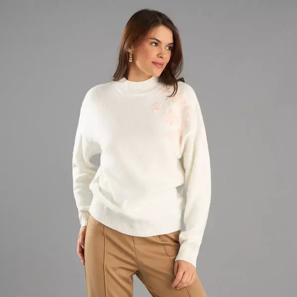 Floral Embroidered Jacquard Sweater white