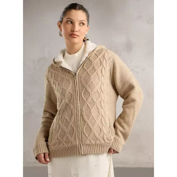 Cable Knit Hooded Cardigan Brown