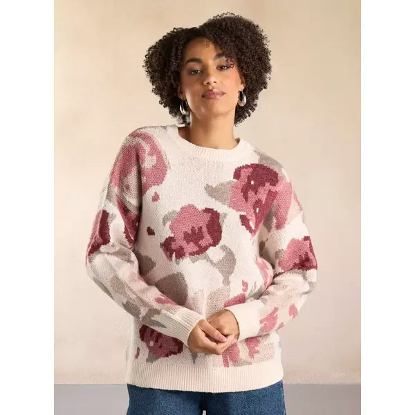 Floral Print Jacquard Sweater Cream