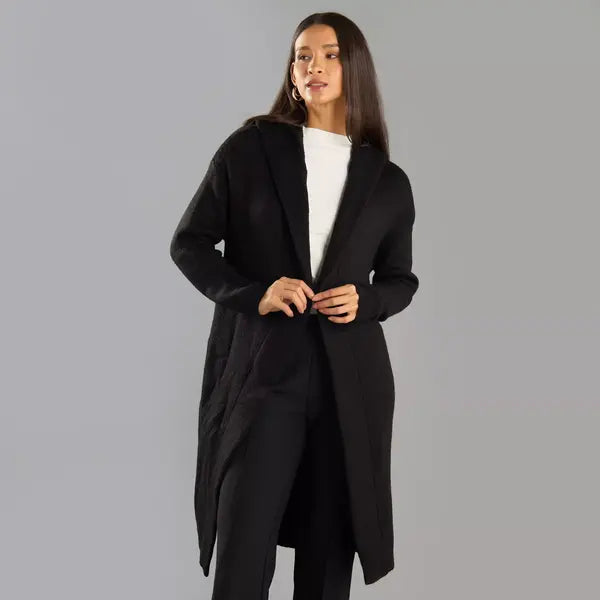 Textured Longline Cardigan with Hood Black