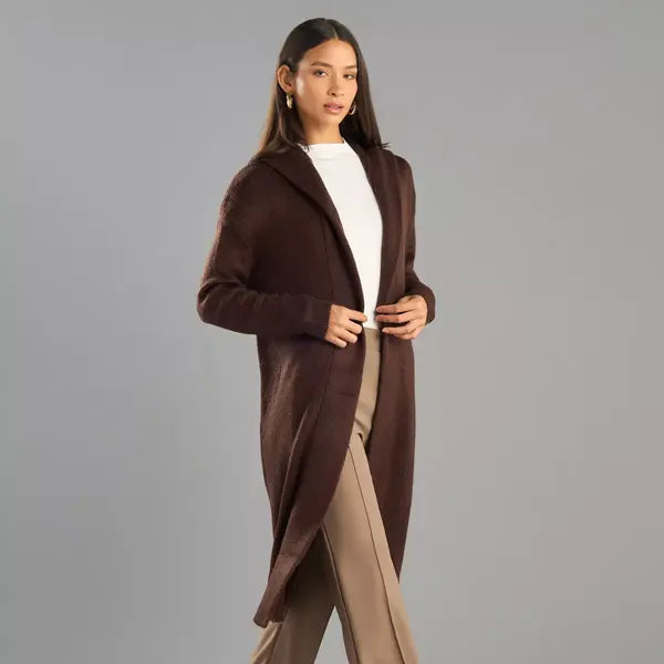 Textured Longline Cardigan with Hood brown