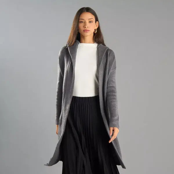 Textured Longline Cardigan with Hood Gray