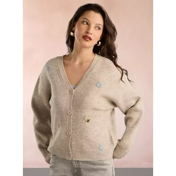 Floral Embroidered Button Through Cardigan brown