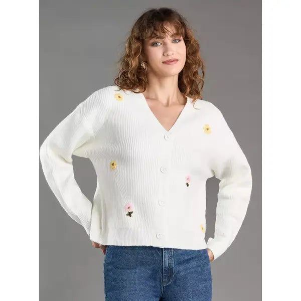 Floral Embroidered Button Through Cardigan White