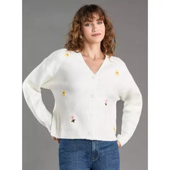 Floral Embroidered Button Through Cardigan White