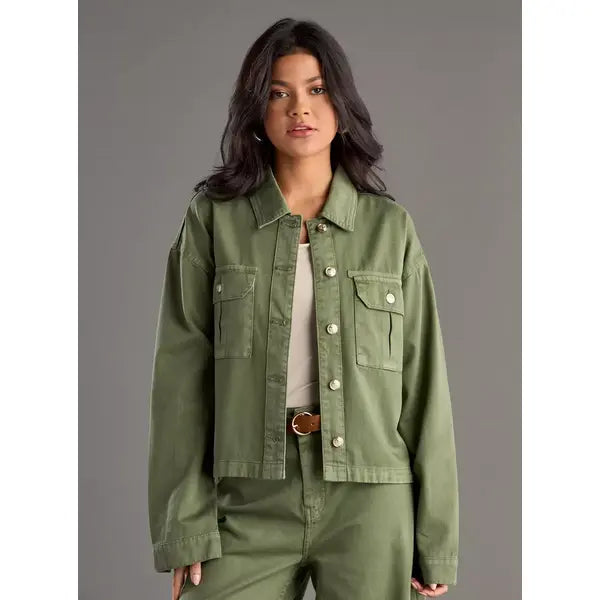 MAX FASHION Plain Denim Jacket with Pockets-Green