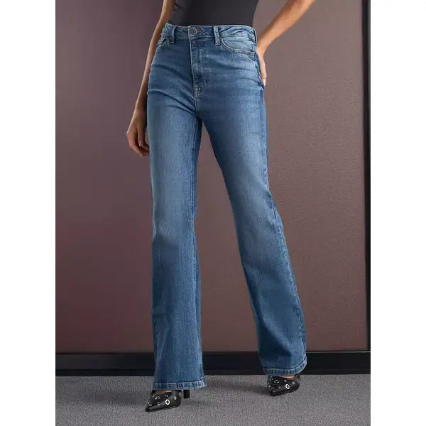 MAX FASHION Plain Crosshatch Flared Jeans-Blue