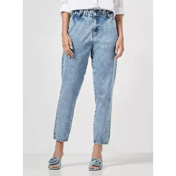 MAX FASHION Plain Paperbag Mom Jeans-Blue