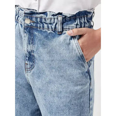 MAX FASHION Plain Paperbag Mom Jeans-Blue