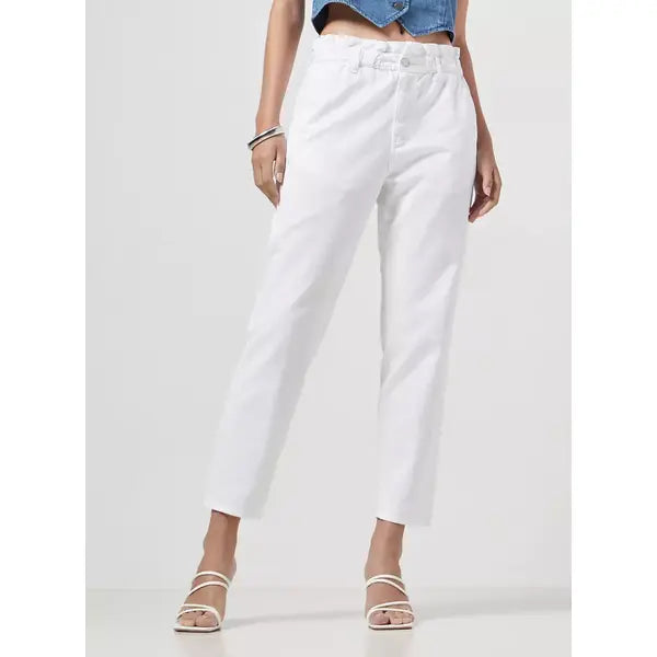 MAX FASHION Plain Paperbag Mom Jeans-White