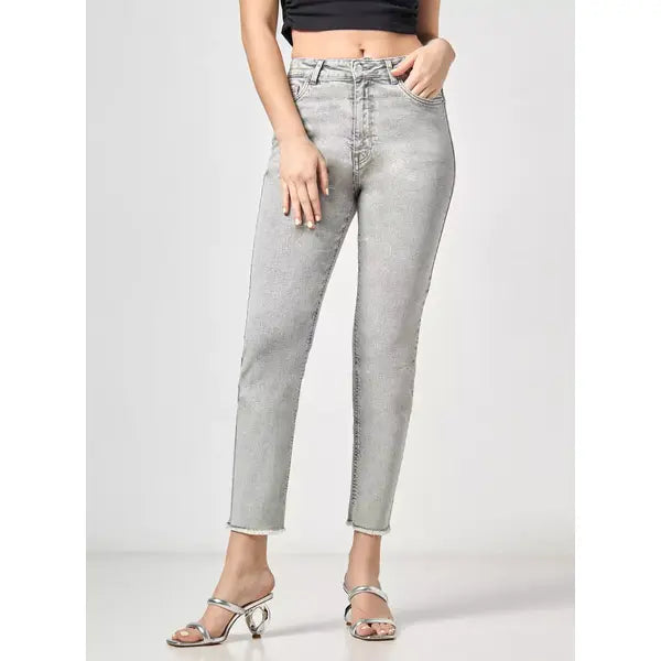 MAX FASHION High Waist Mom Jeans-Gray
