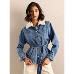 MAX FASHION Plain Denim Longline Jacket with Fur Collar-Blue