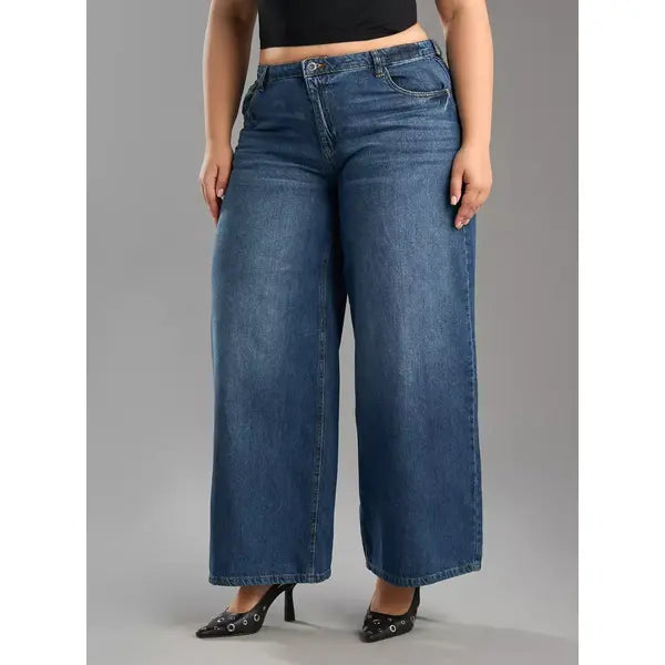 MAX FASHION Plain Wide Leg Jeans-Blue