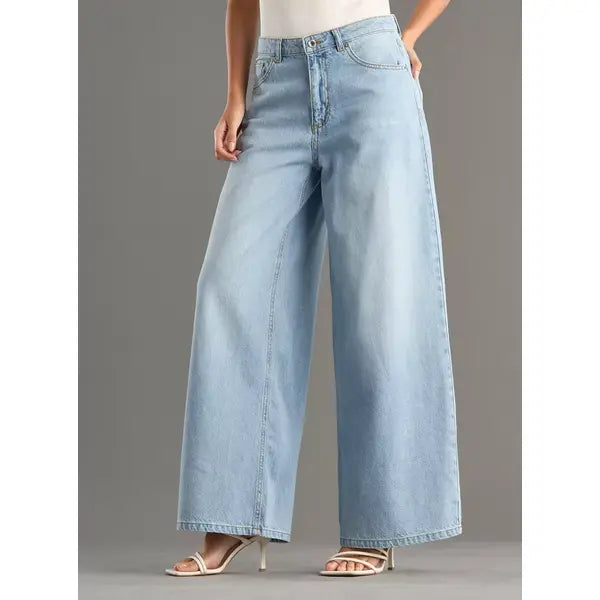 MAX FASHION Plain Wide Leg Jeans-Blue