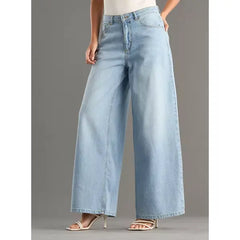 MAX FASHION Plain Wide Leg Jeans-Blue