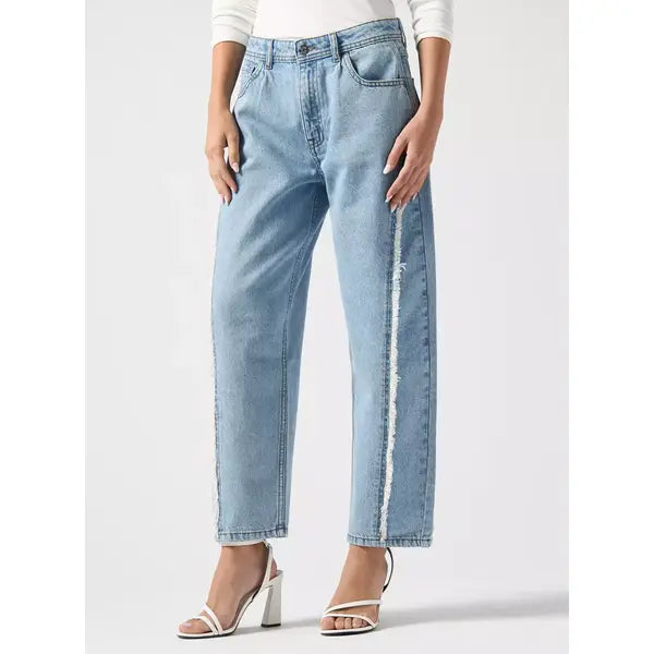MAX FASHION Frayed Detail Straight Fit Jeans-Blue