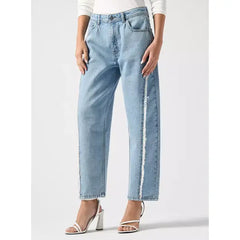 MAX FASHION Frayed Detail Straight Fit Jeans-Blue