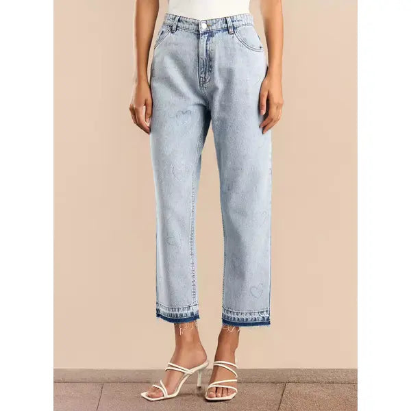 MAX FASHION Straight Fit Heart Embellished Jeans-Blue
