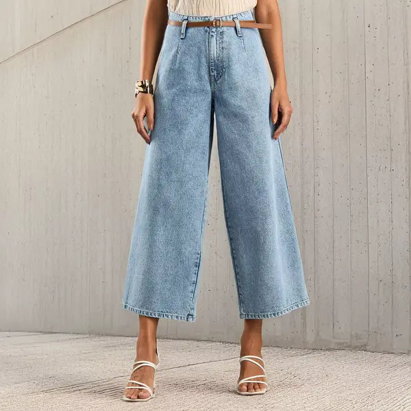MAX FASHION Plain Denim Culotte with Belt-Blue