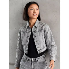 MAX FASHION Bead Embellished Denim Jacket-Gray