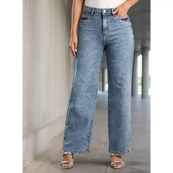 MAX FASHION Plain Wide Leg Jeans-Blue