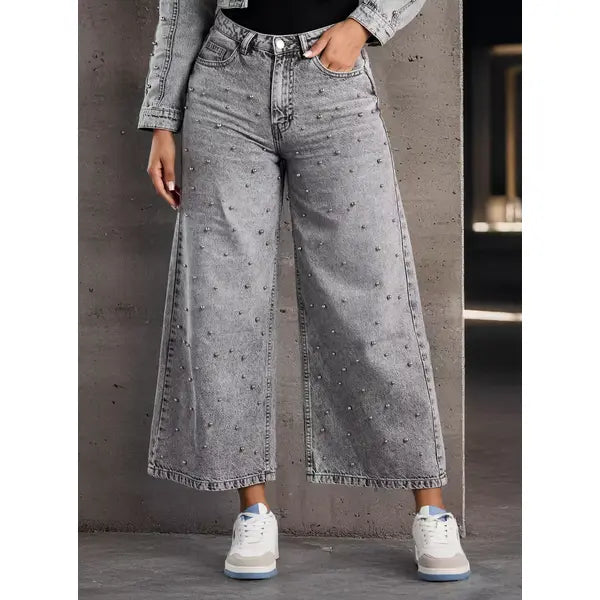 MAX FASHION Embellished Wide Leg Cropped Jeans-Gray